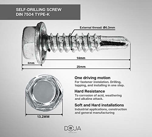 DOJA Industrial | Sechskant Bohrschrauben | 6,3 x 30 | PACK 100 | Trapezblech Selbstschneidende Schrauben | Bohrschrauben mit Sechskantkopf | Blechschrauben Selbstschneidend ohne Dichtscheibe