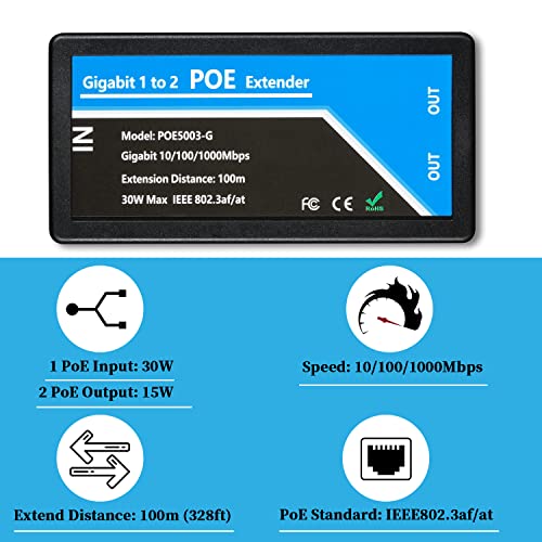 Image of Revotech Gigabit 2 Port POE Extender, IEEE 802.3af /at PoE+ Standard, 10,100,1000Mbps, POE Repeater 100 Meters(328 ft), Extender 1 in 2 Out, Power Supply for PoE Camera /PoE Device (POE5003-G)