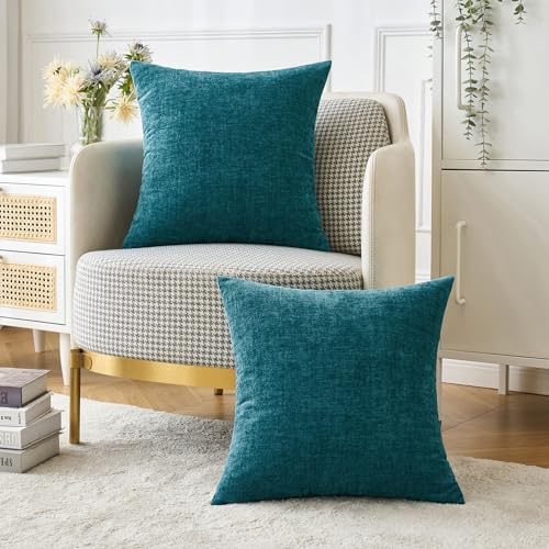 Image of MIULEE Pack of 2 Dark Teal Throw Pillow Covers 18x18 Inch Soft Chenille Pillow Covers for Sofa Living Room Couch Solid Dyed Cases