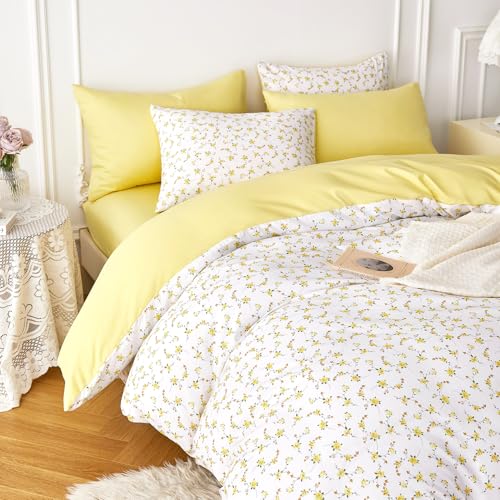Image of Wake In Cloud - Floral Comforter Set, Coquette Cottagecore Aesthetic Cute Flower Pattern for Women Teen Girls, Soft Lightweight Dorm Bedding, 3 Pieces, Yellow White, Full Size