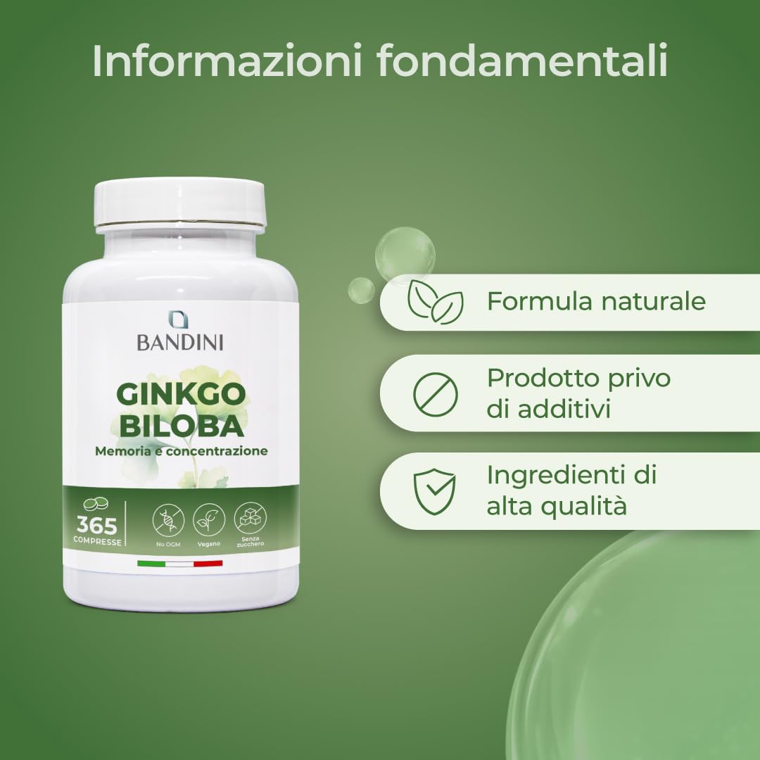 Bandini® Ginkgo Biloba 6.000mg, 365 Compresse (1 Anno di scorta) Estratto 50:1 di Ginko Biloba con Glicosidi Flavonici e Lattoni Terpenici, Gingko Integratore Nootropico 100% Vegan, Senza OGM