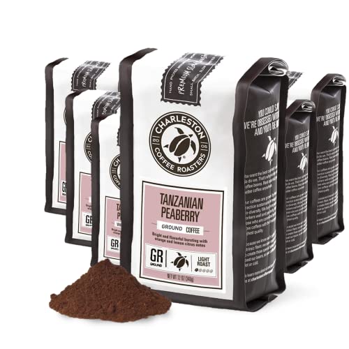 Charleston Coffee Roasters | Specialty Organic Ground Coffee | Hand Picked, Premium Slow Roast (Tanzanian Peaberry, Light Roast) 12 Oz, Pack of 6