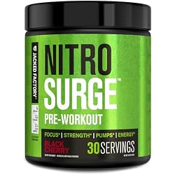 Jacked Factory NITROSURGE Pre Workout Supplement - Endless Energy, Instant Strength Gains, Clear Focus and Intense Pumps - NO Booster & Powerful Preworkout Energy Powder - 30 Servings, Black Cherry