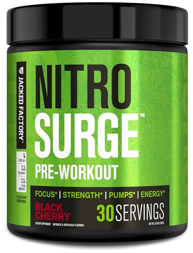 Jacked Factory NITROSURGE Pre Workout Supplement - Endless Energy, Instant Strength Gains, Clear Focus and Intense Pumps - NO Booster & Powerful Preworkout Energy Powder - 30 Servings, Black Cherry