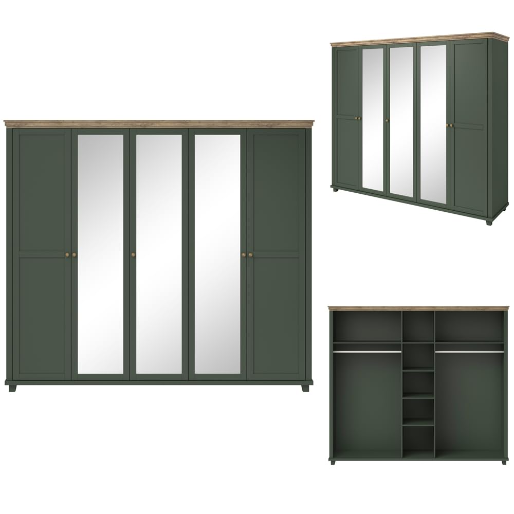 Lomadox Schlafzimmer Set Landhausstil grün Eiche Bettgestell Doppelbett 160x200 cm Liegefläche Nachttisch Nachtschrank Kleiderschrank Spiegeltüren