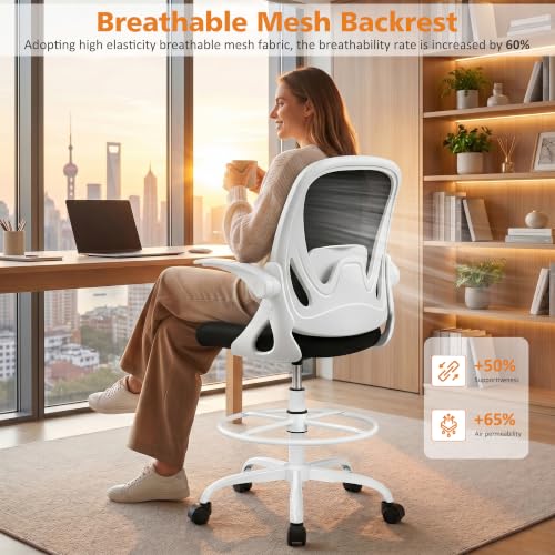 Image of Drafting Chair Tall Office Chair with Flip-up Armrests, Adjustable Height, and Enhanced Lumbar Support - Ergonomic Rolling Stool, Back Support, and Adjustable Foot Rest Ring for Standing Desk White
