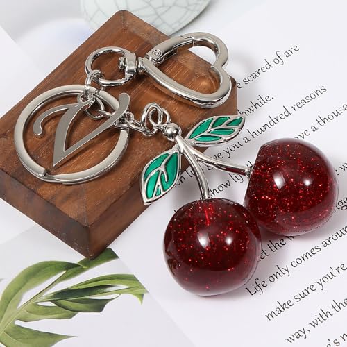 Heart-Shaped Keychain with Initial A-Z and Cherry Charm Bag Charms for Women,Car Accessories