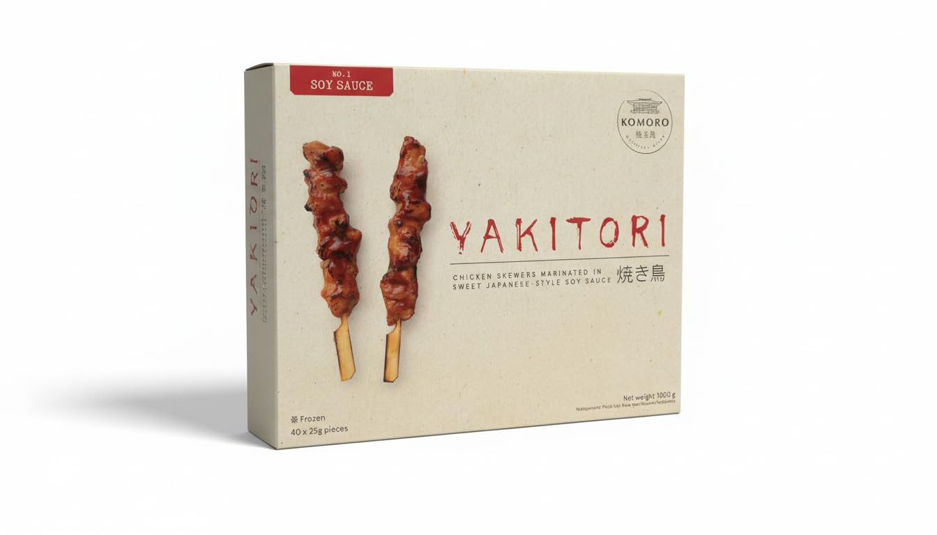 Komoro Oriental Bites Yakitori de Pollo Marinado en Salsa de Soja Dulce Estilo Japonés, 40 Brochetas 25g (1kg), Envío Refrigerado, Halal