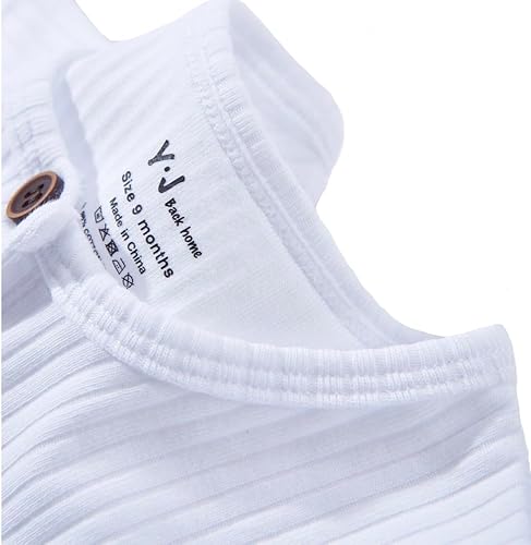 Miniatura 4 de YJ Back home Mameluco acanalado de algodón de calidad para bebé, camisa de una pieza con botones delanteros de manga corta, Blanco