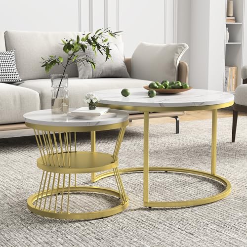 BRILVERDE Couchtisch 2er Set Rund,Wohnzimmertisch mit Stauraum,Beistelltisch,Marmoroptik,Metallrahmen,für Wohnzimmer Schlafzimmer (Gold-5) – Bild 4