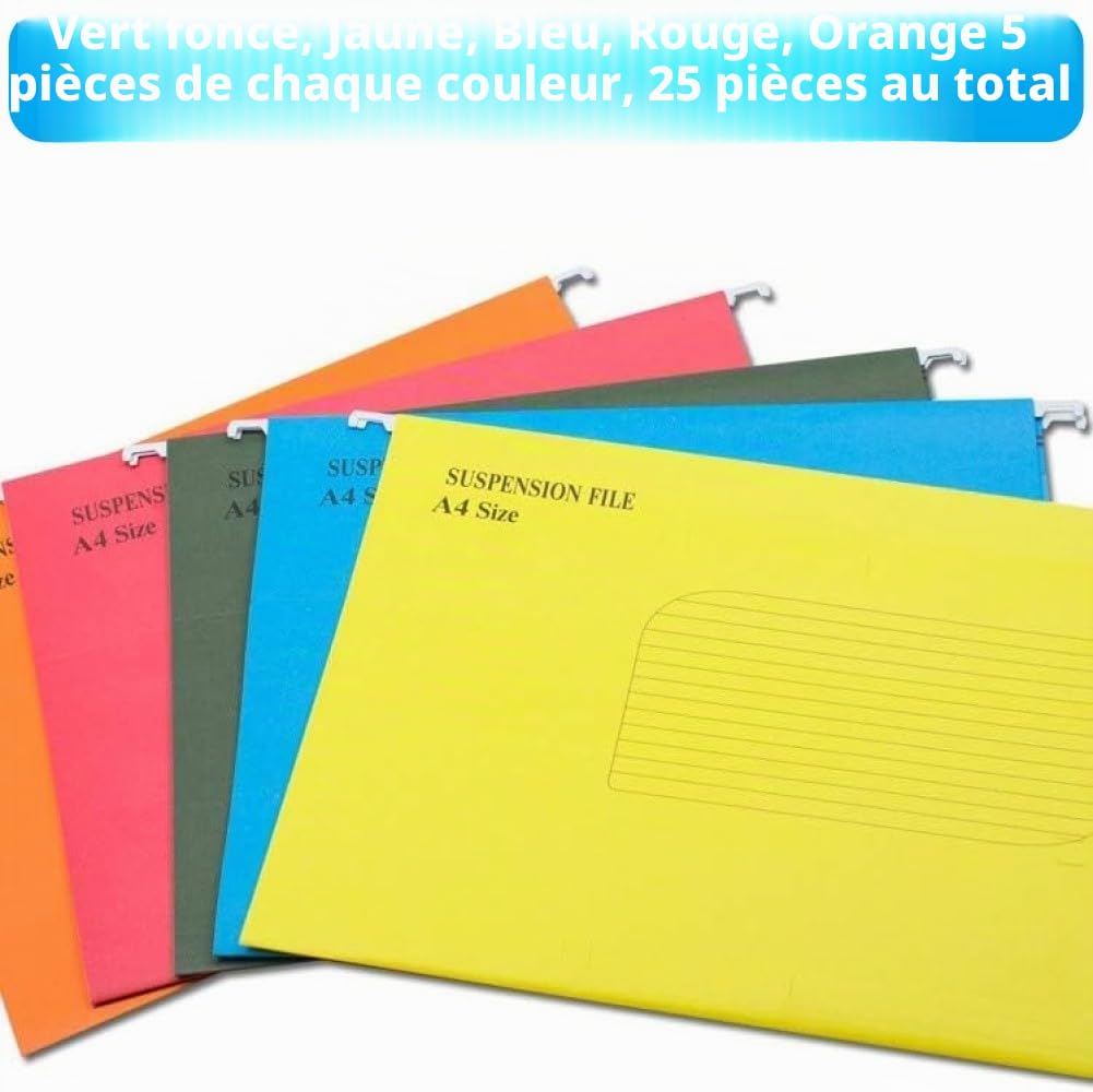 KAHEIGN 25 Pièces Dossiers De Suspension A4, 5 Couleurs Dossier Lourd Haut Et Bas Renforcés Dossiers Suspendus Pour Les Classeurs A4 De Papeterie De Bureau Scolaire
