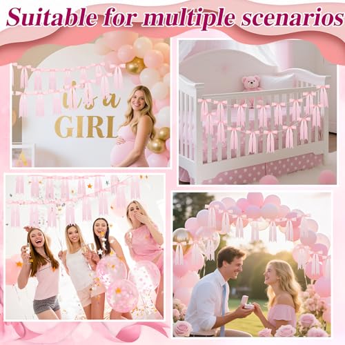 Image of Pink Bow Garland for Party Decorations - 6.6ft x 2 Pre-Strung Hanging Banners for Coquette Birthday, Bridal Shower, Wedding, Engagement, Bachelorette, Women Girl Baby Shower Supplies