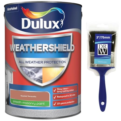 DRW Toasted Terracotta Weathershield Smooth Masonry Paint 5L + 3" Paint Brush | Exterior Wall Paint | Long Lasting Weather Protection | Smooth Matt Finish for Brick Render Concrete and Stone