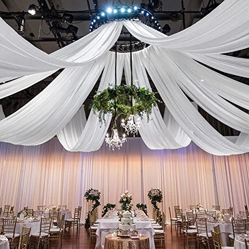 Image of FOTSHARER White Wedding Ceiling Drapery 2 Panels 5ftx20ft Chiffon Fabric Drapes Wedding Arches for Ceremony Chififon Sheer Curtains Canopy Ceiling Curtains Drape for Bridal Shower Prom Arbor Drapery