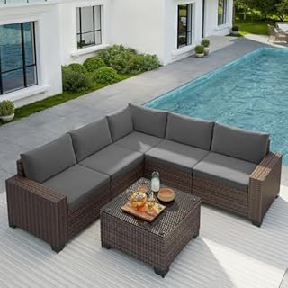 Gizoon 6-Piece Outdoor Patio Furniture Set, PE Wicker Rattan Sectional Sofa Conversation Set with Thickened Cushions and Coffee Table, All-Weather Patio Furniture for Garden, Backyard, Poolside, Grey