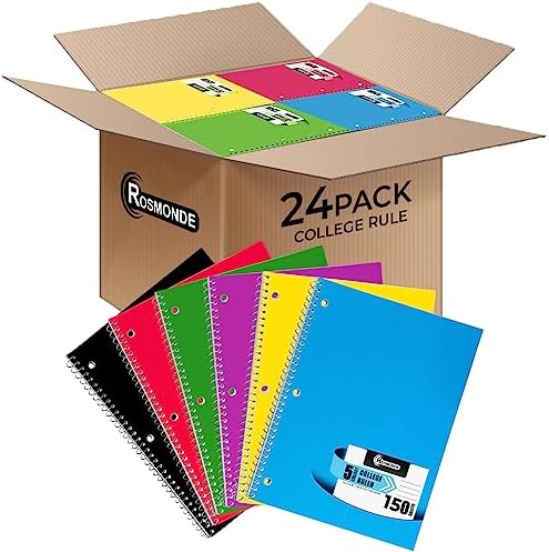 Rosmonde Bulk Spiral Notebook 24 Pack, 5 Subject, 300 Pages/Book (150 Sheets), 8 x 10-1/2, College Ruled, School & Office Spiral Notebooks, Back to School Notebook Journal, Soft Cover, Assorted Colors