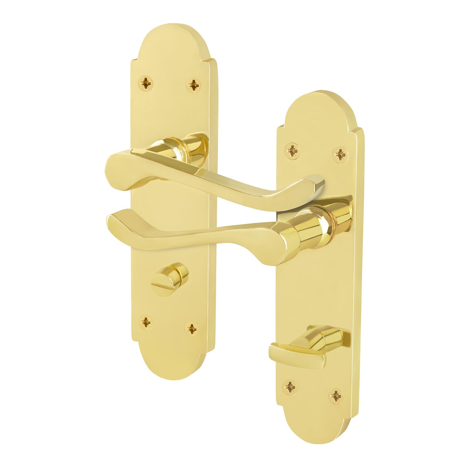 EAI Brass Bathroom Door Handles, 1 Pair of Internal Polished Brass Victorian Scroll Shaped Backplate Handles