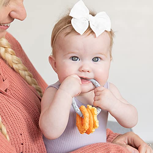 Image of Bumkins Baby Teething Freezer Toy Keys Rings, Soft Flexible Pacifier to Chew, Cool Teether Gum Relief, Babies 3 Months, Freezable Platinum Silicone, Sensory Bracelet with Charms, Orange and Gray