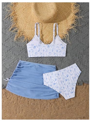 Image of WDIRARA Girl's Floral Print 3 Pieces Beach Bikini Swimsuit with Drawstring Ruched Skirt