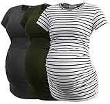 Smallshow Women's Maternity Shirt Side Ruched Tunic Pregnancy Top Clothes 3-Pack Dim Grey/Army Green