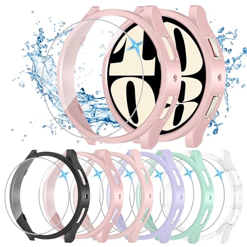 HAANILKYI [6+6Pack for Samsung Galaxy Watch 6 Screen Protector Case 40mm, Anti-Fog Tempered Glass and Waterproof Hard PC Bumper Cover Set for Galaxy Watch6 40mm