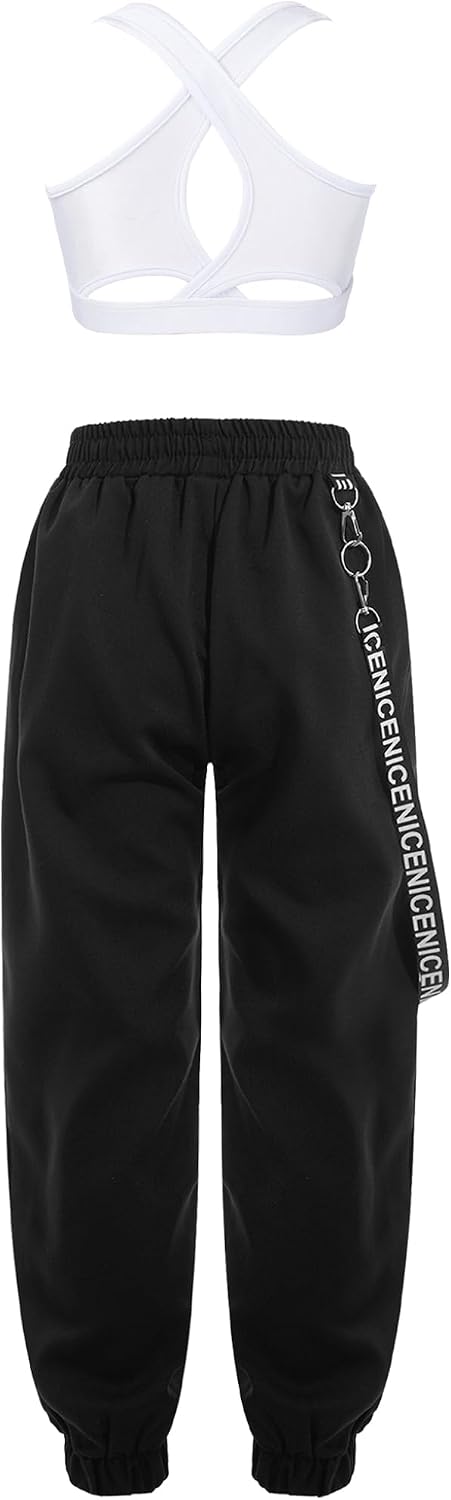 TTAO Girls Hip Hop Dance Outfits Crop Tops with Chain Sweatpants Set Jazz Street Dance Wear Active 2 Piece Set