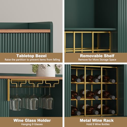 Image of ARTPOWER 48 inch Wine Bar Cabinet with Fluted Texture, Modern Buffet Sideboard with Wine Rack and Glass Holder, Liquor Coffee Station with Storage for Kitchen, Living Room, Home Bar, Green