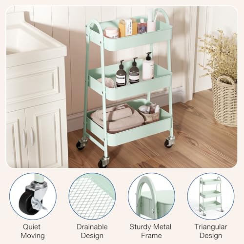 Image of OLIXIS Metal Utility Cart, Mobile Rolling Storage Shelf with Lockable Caster Wheels, Organization for Livingroom, Bathroom & Narrow Places, 3 Tiers Green