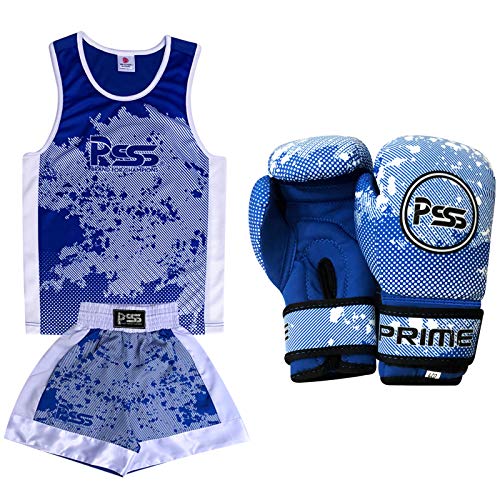 Uniforme de boxe enfants et gants 4oz bleu Prime Cuir pour entraînement 5-6 ans