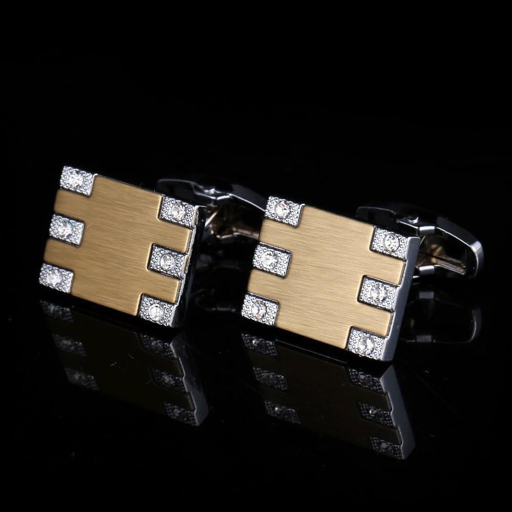Two-Tone Square Business French Cufflinks Silver Metal with Diamonds Men's Cuff Stud