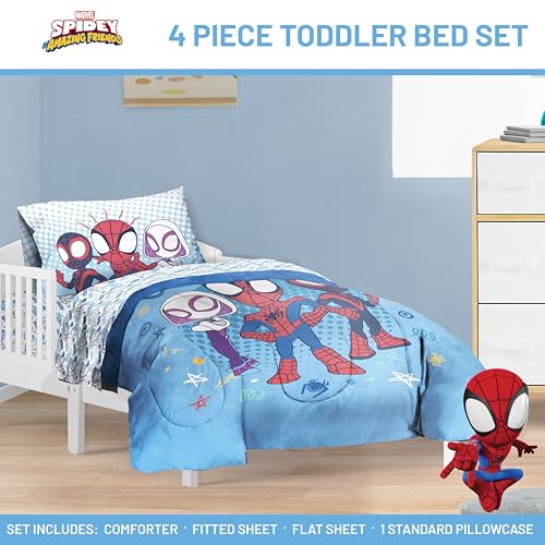 Image of Marvel Spidey and Friends Toddler Size Comforter Set 4 Piece Bedding, Blue | Ghost-Spider, Kids Bed in a Bag, Comforter Sheets Pillowcase, Official Product, Soft Microfiber, Machine Washable, Kids Gift