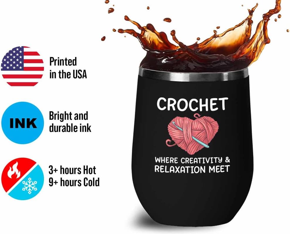 Crochet Black Wine Tumbler 12oz - and relaxation meet - Yarn Crochet Knitting Supplies Crochet Gifts Crocheting Gifts for Knitters