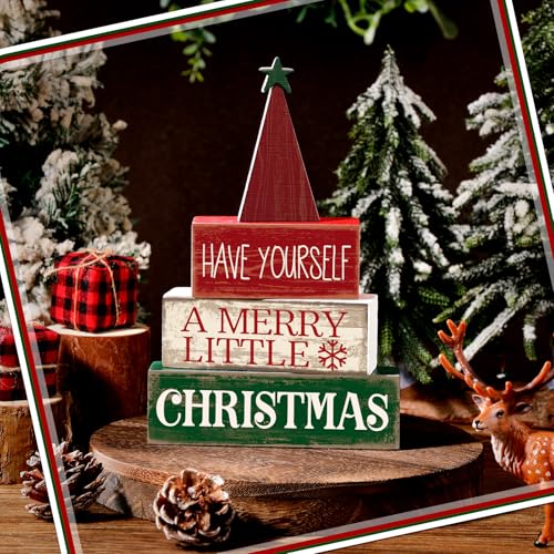 Moucuny 4 Pcs Wooden Tabletop Decor Tiered Tray Decor Rustic Wood Block Sign Gift Centerpiece Farmhouse Table Decor - Image 4