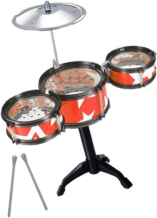 Jonlaki Kids Complete Set with 3 Drums, 2 Sticks, Pedal for Boys and Girls, Educational Percussion Kit in Frame with Blue Drums (Red)