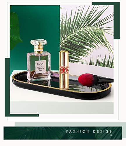 Emibele Jewelry Organizer Oval Resin Tray, Bathroom Kitchen Dresser Vanity Tray Jewelry Dish Ring Holder Cosmetic Organizer for Candle Perfume Soap Shampoo Home Decor - Black & Gold - Thumbnail 5