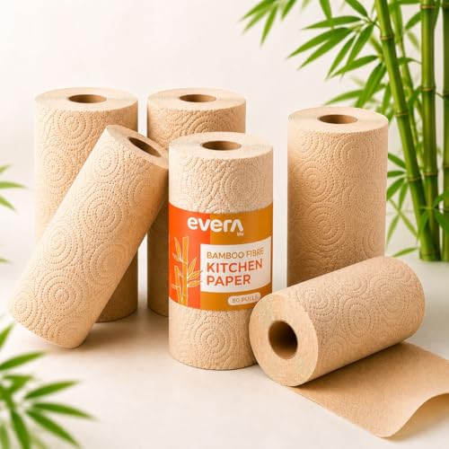 Image of Bamboo Kitchen Paper Roll | 6 Rolls, 480 Pulls (80 Pulls per roll) | 2 Ply Thick | Unbleached Kitchen Towel Roll | Absorbent Kitchen Tissue | Food Safe Cleaning | Eco Friendly Alternate
