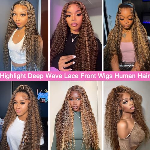 Image of 24 Inch Highlight Ombre Lace Front Wig Human Hair Deep Wave 13x6 HD Honey Blonde Lace Frontal Wigs P4 /27 Curly Human Hair Wig Glueless Wigs Human Hair