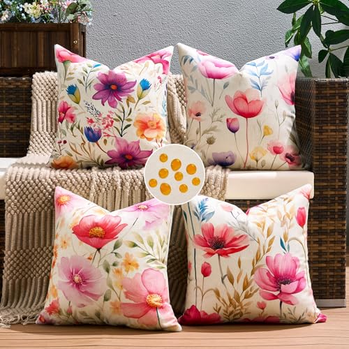 Velvhom Cojines Decorativos de Exterior 40x40 cm Juego de 4, Motivos Florales Modernos, Resistentes a la Intemperie, Fundas Impermeables para salón y terraza