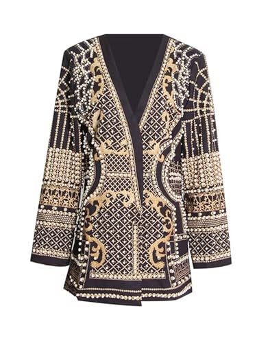 Pearl Suits-Women's Beaded Pearl Suit Top Pattern Printed Jacket Long Sleeved Blazer Coat