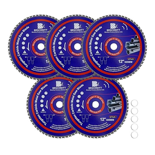 12" Metal Cutting Circular Saw Blade - BRSCHNITT 5pcs Tungsten Carbide Tipped TCT Saw Blades for Iron, Iron Pipe, Ferrous Metals 60T Arbor:1-3/16"/1"