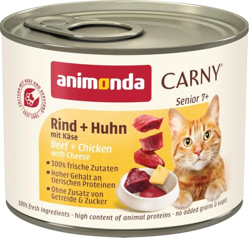 animonda Carny Katzen Nassfutter Senior Rind + Huhn + Käse (6 x 200g), Katzenfutter nass ohne Getreide ohne Zucker für Katzen ab 7 Jahren mit frischen und fleischigen Zutaten