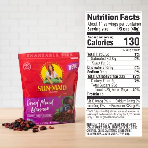 Image of Sun-Maid Dried Mixed Berries - 15 oz Resealable Bag - Dried Cranberries, Cherries, Blueberries - Holiday Snacks and Charcuterie Boards