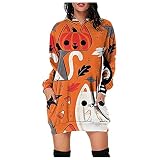 Suéter de Manga Larga con Bolsillo con Capucha y Estampado Informal de Halloween para Mujer Vestidos De (White, M)