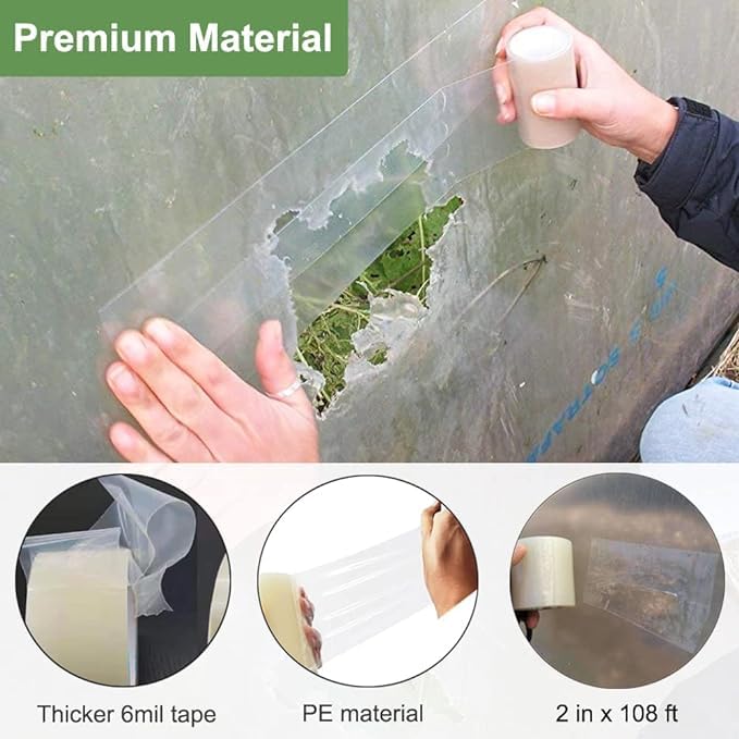 Farm Plastic Supply - Greenhouse Film Repair Tape, Reinforced 6 mil Greenhouse Cover Plastic Sheeting Tape, Clear Green House Covering Patch Repair Kit for Seaming and Sealing (4" x 100')