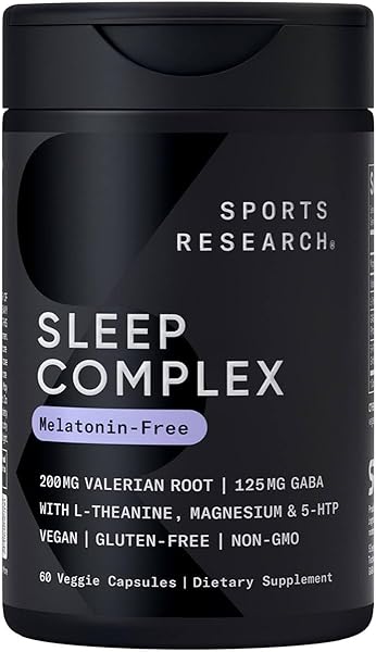 Sports Research® Sleep Complex- Melatonin-Free Vegan Capsules - with Valerian Root, GABA, L-Theanine, Magnesium & 5-HTP - 30 Servings