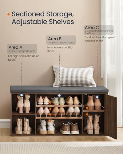 SONGMICS Home Storage Bench, Snapsemble Superfast Assembly, 41" Wide Entryway Shoe Bench with Cushion & Adjustable Shelves, Shoe Rack Cabinet, Natural Walnut and Slate Gray ULHS391KE04S - Image 5