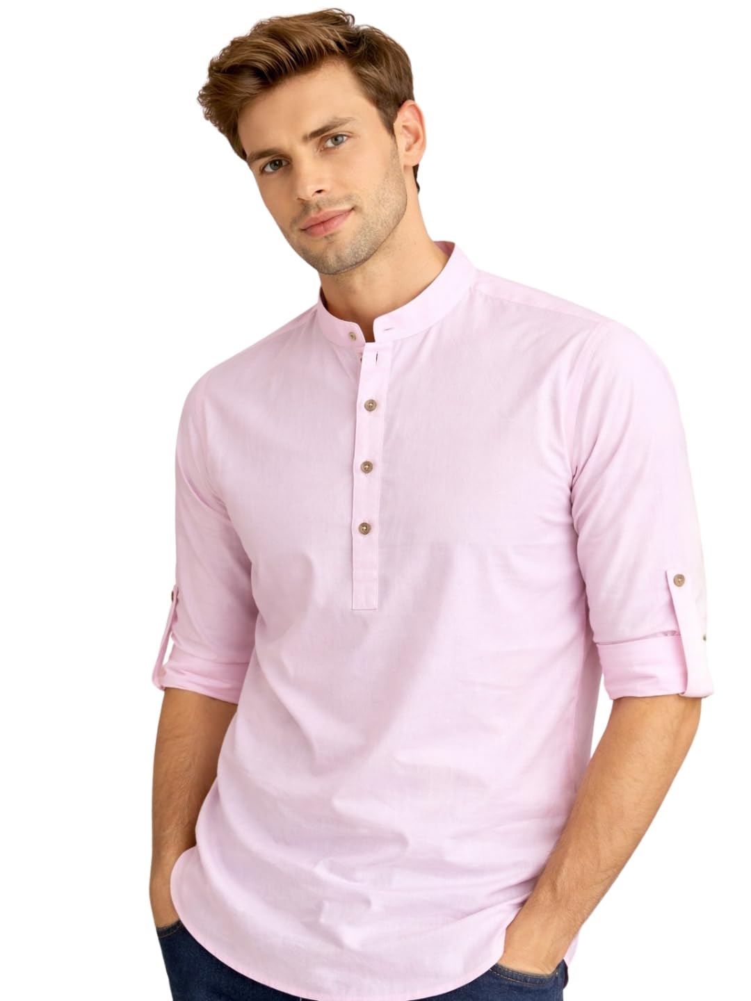 see designs Men's Roll-Up Sleeve Mandarin Collar Men White Pure Cotton Slub Short Kurta-picture-10