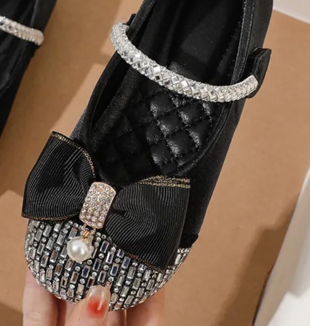 Girls Elegant Dress Shoes with Rhinestone Bow and Pearl Embellishment | Stylish Party Flats for Special Occasions, Weddings, Birthdays | Ivory, Black, Pink - Sizes 8-2 US Kids3