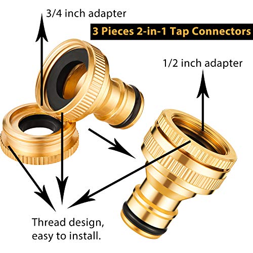 Outus 6 Pieces Brass Hose Tap Connectors 1/2 Inch and 3/4 Inch 2-in-1 Faucet Adapter Garden Quick Connector with 18 Pieces Sealing Ring Shower Hose Washer for Garden Pipe Tub