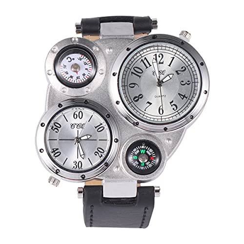 PartyKindom 1 pieza doble insertos reloj de cuero genuino deportes al aire libre brújula reloj de cuarzo (negro) para regalos Cover